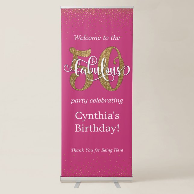 Glitter & Script 50 & Fabulous on Pink, Birthday Retractable Banner (Front)