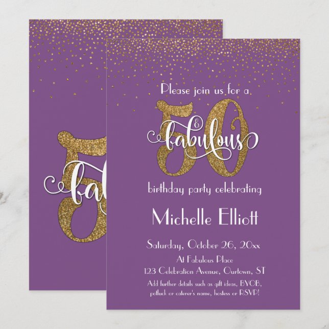 Glitter & Script 50 & Fabulous on Purple, Birthday Invitation (Front/Back)