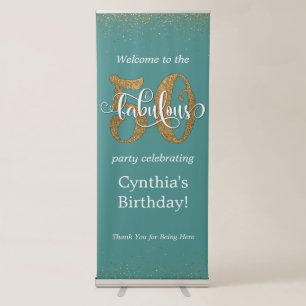Glitter & Script 50 & Fabulous on Teal, Birthday Retractable Banner