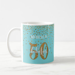 Glitter & Script 50 & Fabulous Over Turquoise Coffee Mug