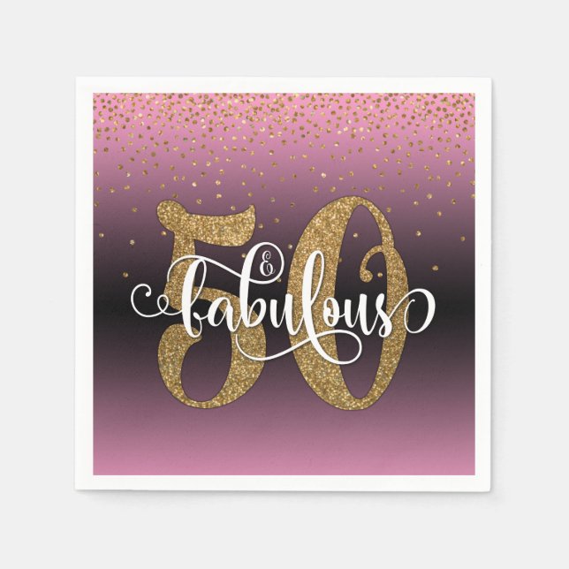 Glitter & Script 50 & Fabulous, Pink Birthday Napkin (Front)
