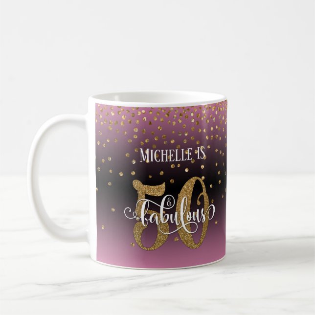 Glitter & Script 50 & Fabulous, Pink Black Ombre Coffee Mug (Left)