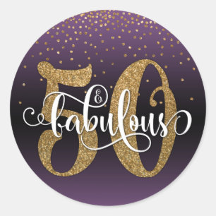 Glitter & Script 50 & Fabulous, Purple Birthday Classic Round Sticker