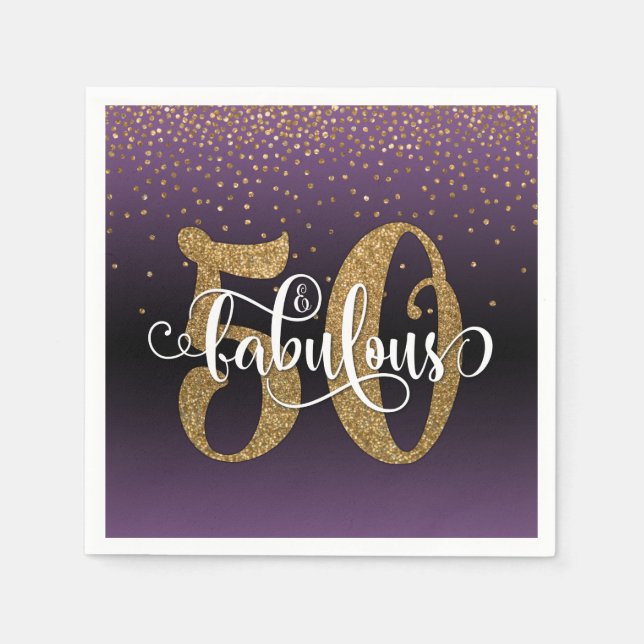 Glitter & Script 50 & Fabulous, Purple Black Ombre Napkin (Front)