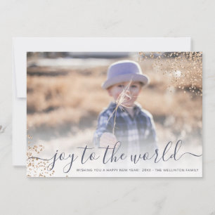 Glitter script joy to the world new year photo holiday card