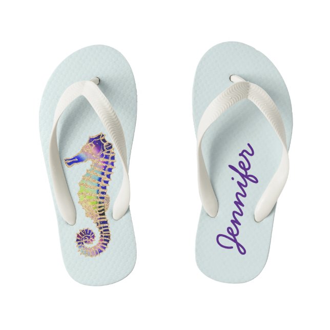 Glitter Seahorse, blue, gold Kid's Flip Flops (Footbed)