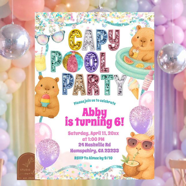 Glitter Sequin Capybara Pool Party Birthday invita Invitation (Creator Uploaded)
