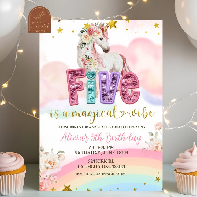 Glitter Sequin Magical Unicorn 5th Birthday Invitation (Creator Uploaded)