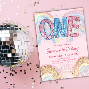 Glitter Sequin Rainbow 1st Birthday Invitation