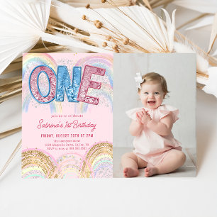 Glitter Sequin Rainbow 1st Birthday Invitation