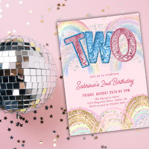 Glitter Sequin Rainbow 2nd Birthday Invitation