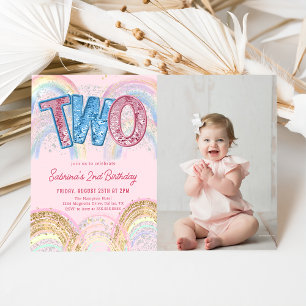 Glitter Sequin Rainbow 2nd Birthday Invitation