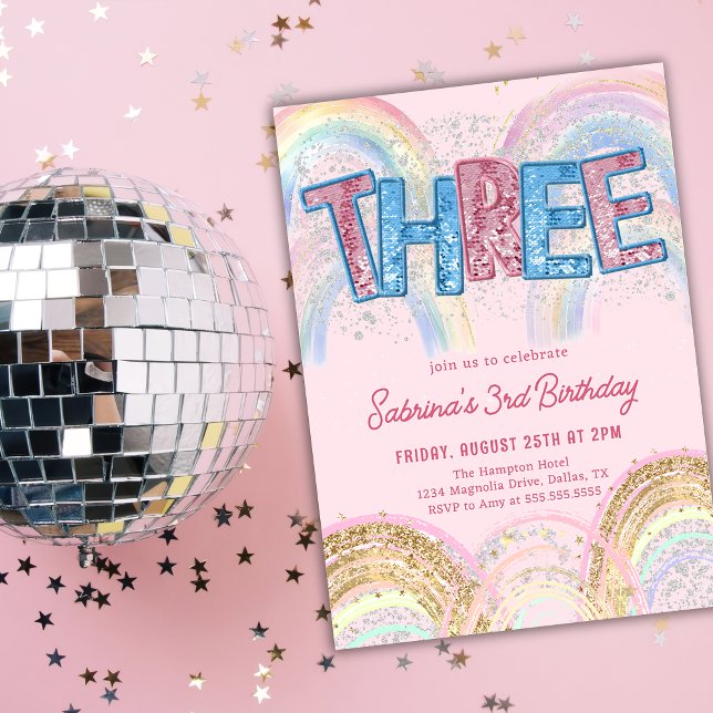 Glitter Sequin Rainbow 3rd Birthday Invitation (Creator Uploaded)