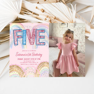 Glitter Sequin Rainbow 5th Birthday Photo Invitation