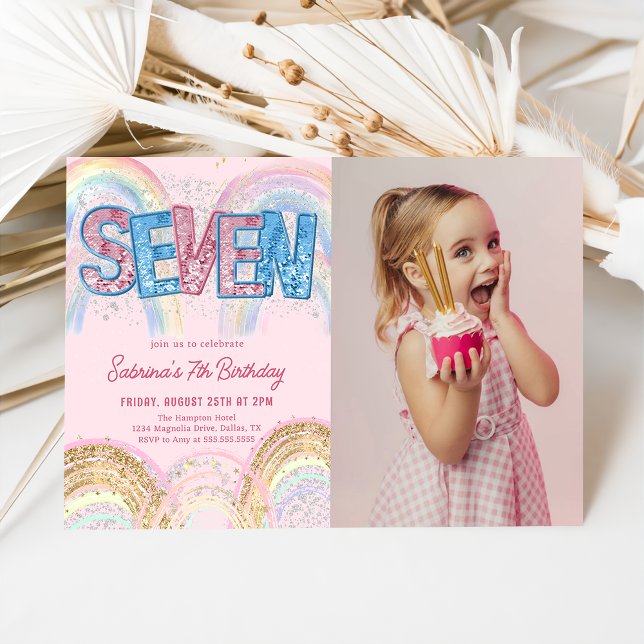 Glitter Sequin Rainbow 7th Birthday Photo Invitation (Creator Uploaded)