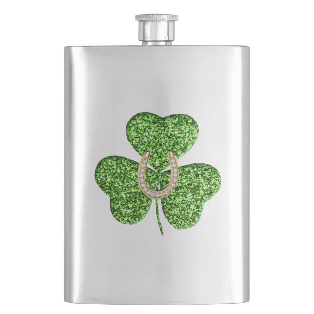 Glitter Shamrock And Horseshoe Flask (Front)