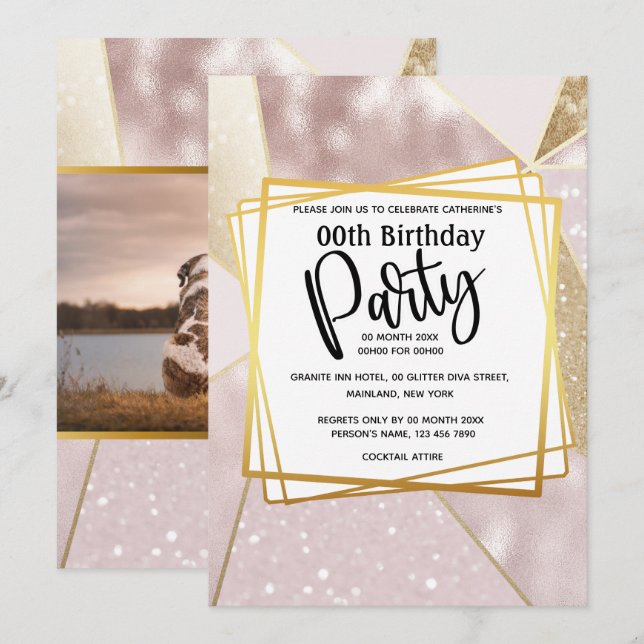 Glitter shimmer rose pink gold geometric party invitation (Front/Back)
