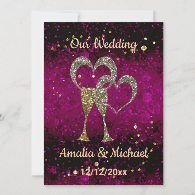 Glitter shine sequin glasses champagne hearts pers invitation (Front)