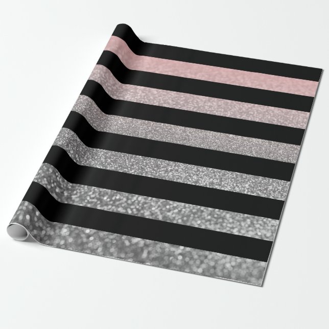 Glitter shine sequin silver pink grey black stripe wrapping paper (Unrolled)