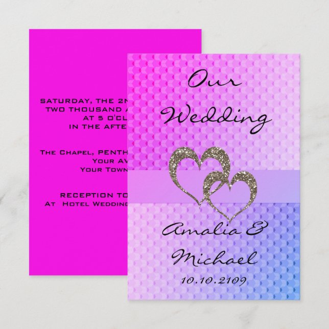 Glitter shine sequin two hearts wedding love perso invitation (Front/Back)