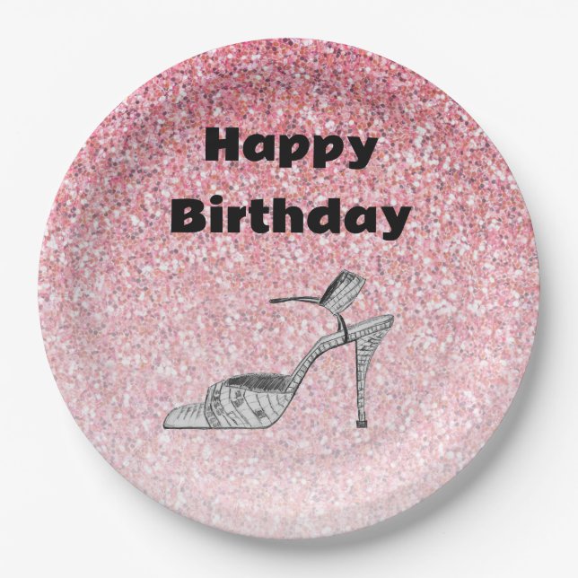 Glitter Shoe Illustration Fashion Pink Birthday Paper Plate (Front)