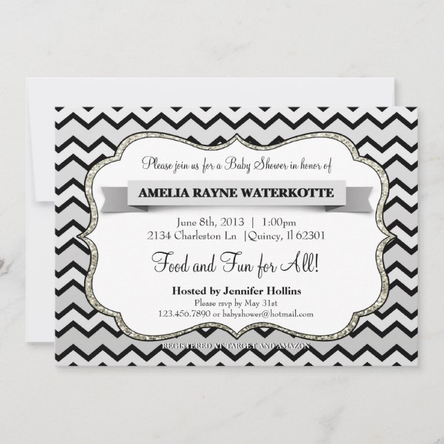 Glitter Silver and Black  Chevron Baby Shower Invitation (Front)