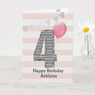 Glitter Silver and Pink 4th Birthday Card