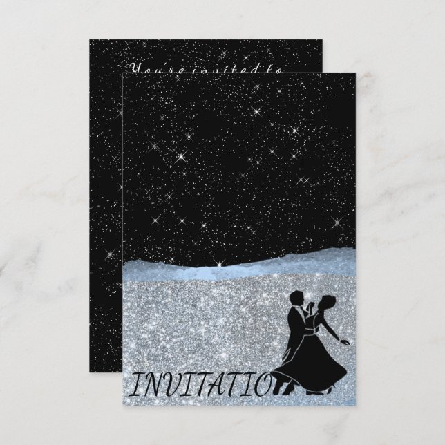 Glitter Silver Blue Night Sky Starry Dance Party Invitation (Front/Back)