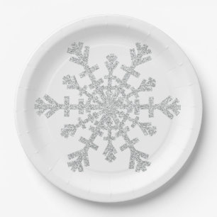 Glitter Silver Christmas Snowflake on White Paper Plate