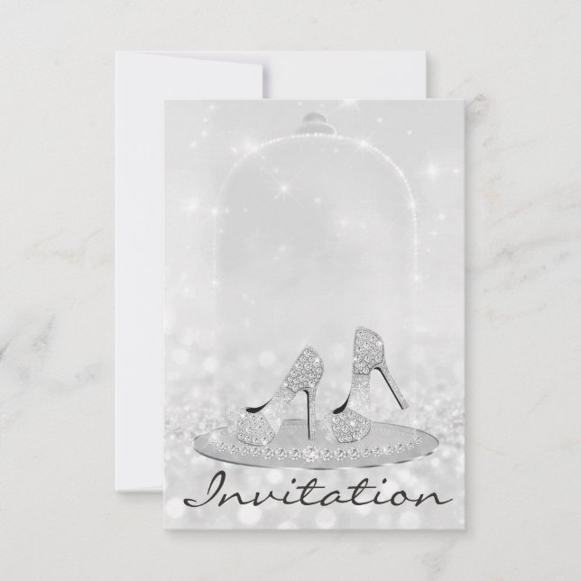 Glitter Silver Diamond Glass Shoes Heels Gray Lux Invitation (Front)
