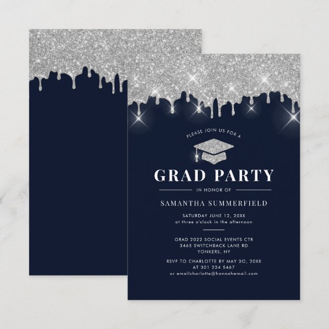 Glitter Silver Drip Cap Graduation 2022 Grad Party Invitation (Front/Back)