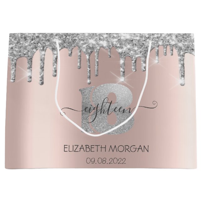 Glitter Silver Drips Rose Gold 18th Birthday Large Gift Bag (Front)