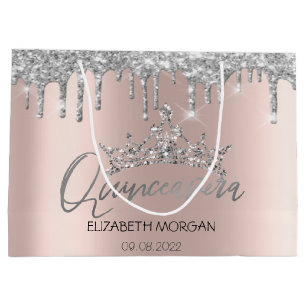 Glitter Silver Drips Rose Gold Tiara  Quinceañera Large Gift Bag