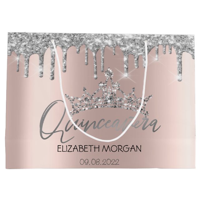 Glitter Silver Drips Rose Gold Tiara  Quinceañera Large Gift Bag (Back)