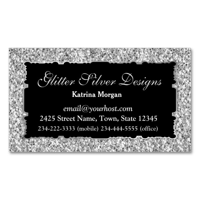 Glitter Silver Elegance Magnetic Business Card (Front)