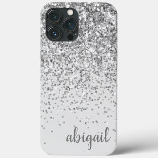 Glitter Silver Elegant Modern Monogram Name iPhone 13 Pro Max Case