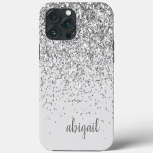 Glitter Silver Elegant Modern Monogram Name iPhone 13 Pro Max Case