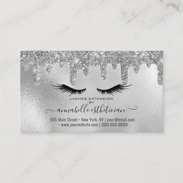 Glitter Silver Eyelash Extension Appointment Business Card (Front)