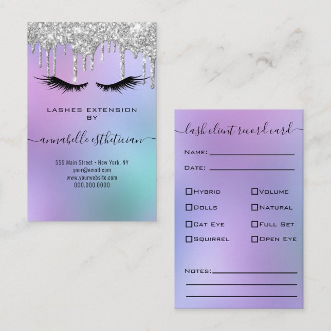 Glitter Silver Eyelash Extension Client Record  Business Card (Front/Back)