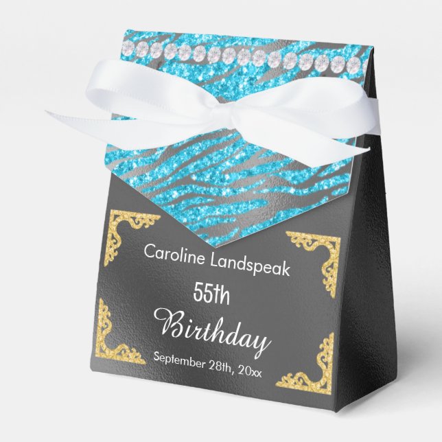 Glitter Silver Foil Blue Zebra Print Birthday Favour Box (Front Side)