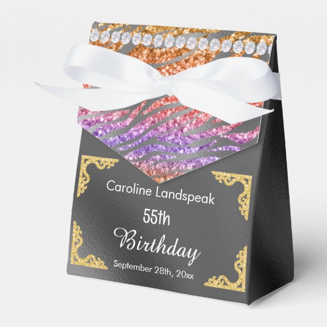 Glitter Silver Foil Orange Zebra Print Birthday Favour Box (Front Side)
