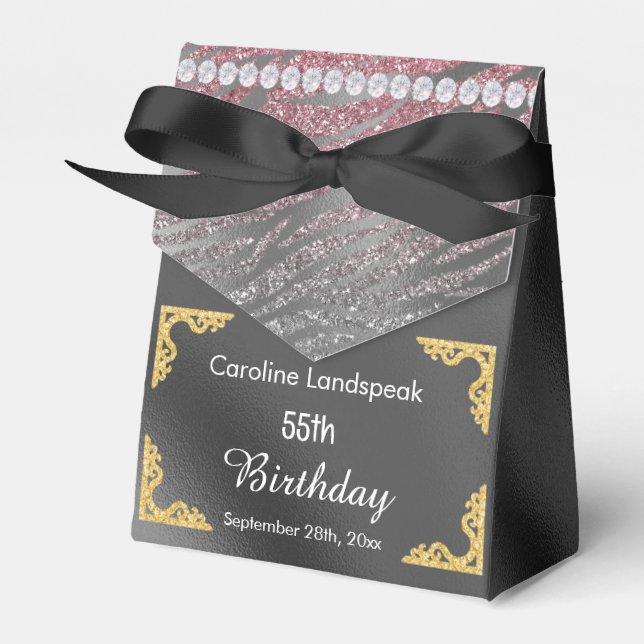 Glitter Silver Foil Pink Zebra Print Birthday Favour Box (Front Side)