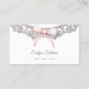 Glitter silver frame pink bow business card