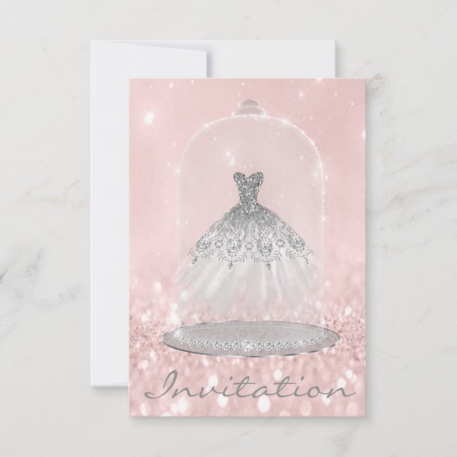 Glitter Silver Gray Pink Diamond Silver Dress Girl Invitation (Front)