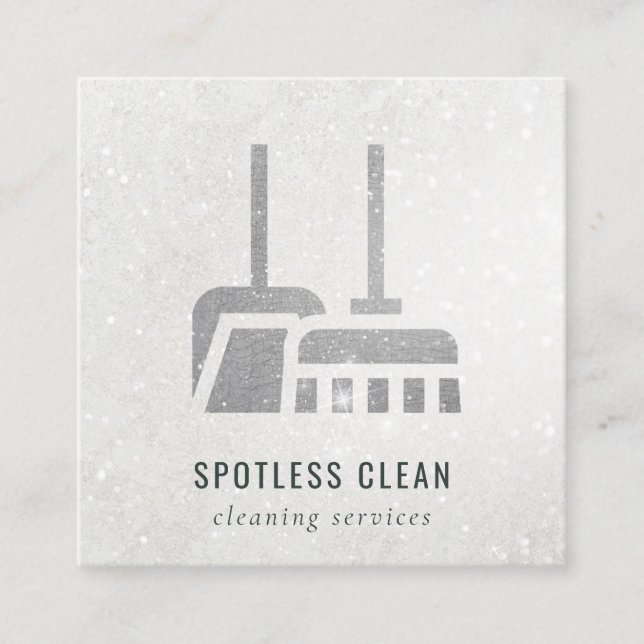Glitter Silver Grey Broom Cleaning Service Square Business Card (Front)