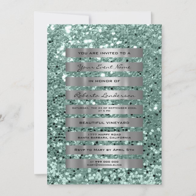 Glitter Silver Grey Stripes Mint Green Pastel Invitation (Front)