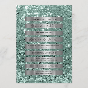 Glitter Silver Grey Stripes Mint Green Pastel Invitation