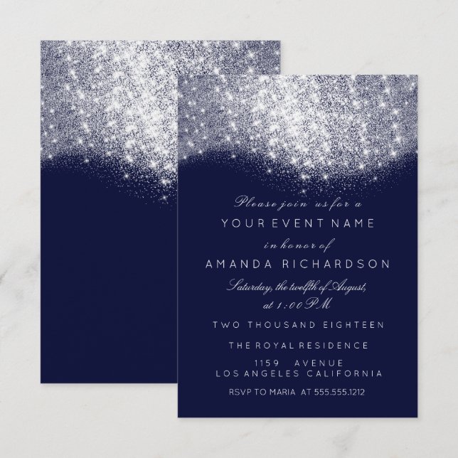 Glitter Silver Grey White Blue Navy White Elegant Invitation (Front/Back)