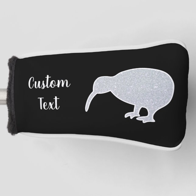 Glitter Silver NZ Kiwi on Black, Custom Putter  Golf Head Cover (Front)