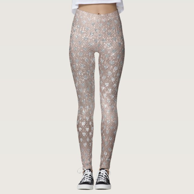 Glitter Silver Pearl Hearts Pink Rose Gold Sparkly Leggings (Front)